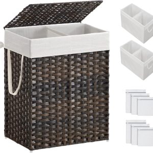 SONGMICS Laundry Hamper With Lid, 90L Double Wicker Basket, 6 Mesh Bags