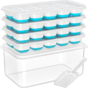 Ice Cube Tray With Lid And Bin – 4 Pack Silicone Ice Cube Trays For Freezer, Stackable Ice Bucket Kits With Storage Container & Scoop For Kitchen, RV, Cocktail, Coffee