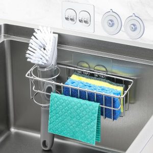3-in-1 Stainless Steel Kitchen Sink Sponge Holder With Suction Cups, Adhesive Hook And Dish Cloth Organizer Rack