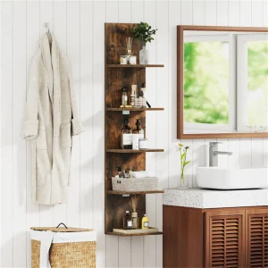 5-Tier Wall Mounted Floating Shelf, 30.48×21.59×129.54cm Rustic Brown Engineered Wood Shelving with 11LBS Per Shelf, 9.5″ Spacing