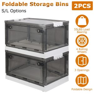 2 Packs Foldable Storage Bins Collapsible Storage Box Organizer Stackable Toy Container With Double Doors Top Lid Rolling Wheels For Clothes Toys Books