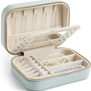 Genuine Leather Travel Jewelry Organizer Case With Mirror For Women, Small Mini Portable Jewelry Box For Ring Earrings Necklace Bracelet Luxury Gift For Women