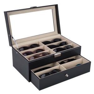 Leather 12 Piece Eyeglasses Storage And Sunglass Glasses Display Drawer Lockable Case Organizer Black