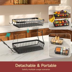 2 Tier Fruit Basket With Banana Hangers, Detachable Metal Bowl, Kitchen Countertop Storage Organizer For Fruits, Vegetables & Snacks