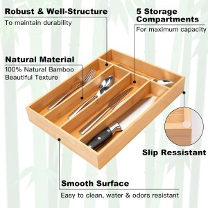 Bamboo Silverware Organizer, 5 Slot Kitchen Drawer Utensil Holder, Cutlery And Flatware Organizer Tray For Spoons, Forks & Knives