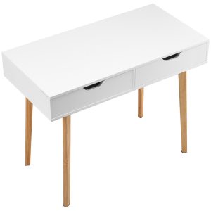 Small Desk With Drawers, Kids Desk For Bedroom, Wooden Simple Study Table For Drawing, Reading, Writing, Rectangle MDF Furniture Study Storage Table For Home, Office, White + Wood