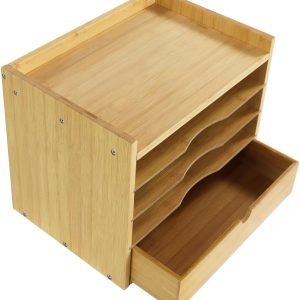 5 Tier Bamboo Desk Organizer With Drawer, Tabletop File And Document Holder With Shelves For Home, Office And School, Natural