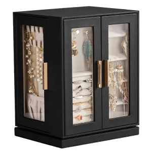 360° Rotating Jewelry Box with 5 Drawers – Black Cabinet & Pink Velvet Interior