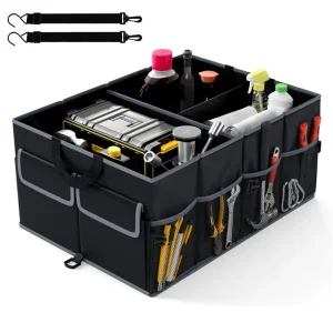 13 Gallon Car Trunk Organizer – 3 Compartments+6 Pockets, 600D Oxford Fabric, Non-Slip Base, Black