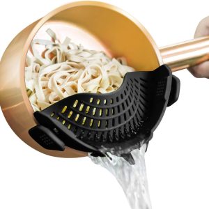 Clip On Silicone Strainer For Pots And Pans, 8.86×3.55 Inch Kitchen Colander, Black, Compact Food Draining Tool
