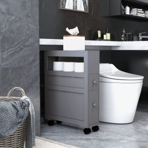 Space Saving Narrow Bathroom Storage Cabinet, Bath Toilet Paper Holder with Drawers and Rolling Wheels, Gray