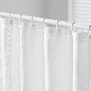 White Fabric Shower Curtain, 240 GSM Weighted Waffle Shower Curtains, Polyester Curtain With Rust-Resistant Hooks, Machine Washable & Water Repellent, For Bathroom Showers, Bath Tubs, 72×72 In