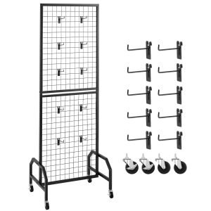 Grid Wall Panel 1.9 X 5.4 Ft Wire Display Rack With Wheels And 10 Hooks