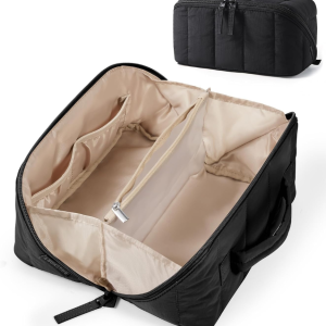 Puffy Travel Makeup Bag Toiletry Bag For Women, Black Open Flat, Portable, Make Up Organizer, Water Resistant, Puffy Padded, For Toiletries, Brushes