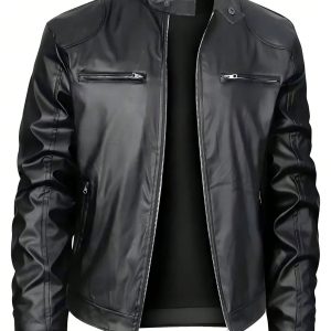Men’s Stand-up Collar Leather Jacket Business Casual Jacket