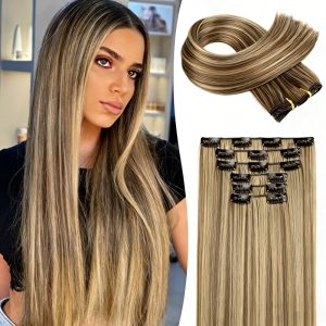 Heat Resistant Hairpiece Cool Brown WithBlonde Highlights For Women High-Quality Durable Easyto Use Versatile Styling Options Clip In