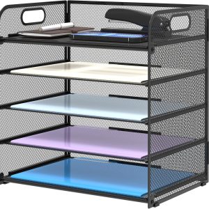 5 Tier Paper Organizer Letter Tray With Handles, Mesh Desk File Holder And Paper Sorter For Office, Home, Classroom & School