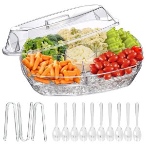Fruit Ice Serving Tray Chilled Veggie Tray Shrimp Cocktail Serving Dish Appetizer Party Serving Platter Cold Food Buffet Server With Lid And 4 Compartments 3 Tongs 10 Sporks