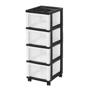 4-Drawer Narrow PlasticStorageDrawer Cart with Organizer Top, Black