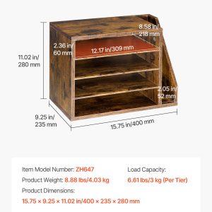 Literature Organizer, 4 Compartments Office Mailbox With Detachable Shelves, Wooden Mailbox Sorter With Side Vertical Storage, Countertop Office Home Organizer For File, Document, Paper, Brown