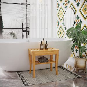 Long Bamboo Shower Bench Seat, 20″ Wooden Spa Shower Stool with Underneath Storage Shelf Shoe Organizer