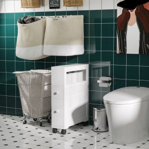 6.25″ x 20.5″ x 28.25″ Wood Rolling Narrow Bathroom Side Storage Cabinet – White