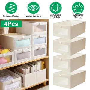 4Pcs Foldable Closet Storage Bins with Clear Window, Washable Linen Fabric Storage Baskets for Clothes Organization