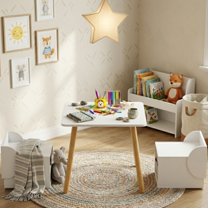 Kids Table And 2 Chair Set With Storage Bins, 3-Piece Toddler Activity Play Table For Arts & Crafts, Reading, Drawing, Wooden Children Furniture For Playroom & Bedroom, White & Natural