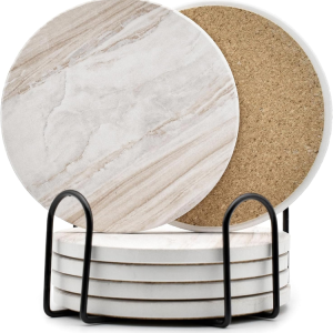 6 Piece Absorbent Ceramic Coaster Set With Holder, 4 Inch Drink Coasters For Coffee Table, Desk, Kitchen And Home