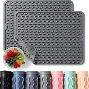 2 Pack Silicone Dish Drying Mats, Heat Resistant Waterproof Kitchen Counter Mats For Dishes, Utensils, Coffee Bar & Countertop Decor