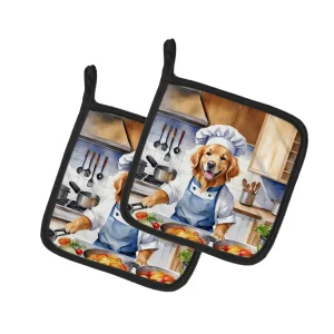 Golden Retriever The Chef Pair of Pot Holders Kitchen Heat Resistant Pot Holders Sets Oven Hot Pads for Cooking Baking BBQ, 7 1/2 x 7 1/2