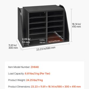Literature Organizer, 12 Compartments Office Mailbox With Side Vertical Storage, Wooden Mailbox Sorter Made Of Particle Board, Countertop Office Home  Organizer For File, Document, Paper, Black