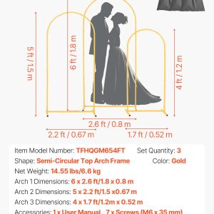 Arch Backdrop Stand, Set Of 3, 6/5/4 Ft, Stable Structure, Easy Assembly, Gold Metal Arch Backdrop Stand For Wedding, Birthday Party, Graduation, Holiday Celebration, And Ceremony Decoration