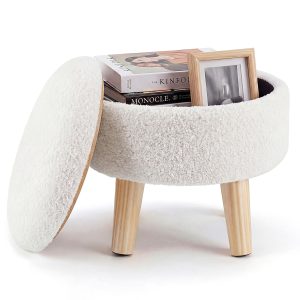 Round Storage Chair, Equipped With A Soft Cushioned Seat, Wooden-legged Footstool