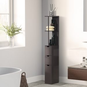 54″ Tall Bathroom Storage Cabinet, Freestanding Linen Tower with 2-Tier Shelf and Drawers, Narrow Side Floor Organizer, Brown