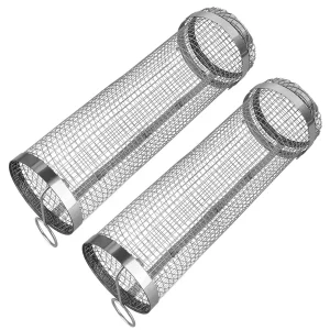 2Pcs 3.42×11.61Inch Portable BBQ Rolling Basket Round Stainless Steel Grill Mesh Barbecue Net Tube With Removable Cover Outdoor Camping