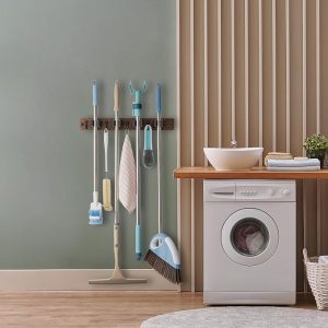 Wall-Mounted Mop And Broom Holder, Wooden Garden Tool Rack With 4 Slots And 4 Hooks