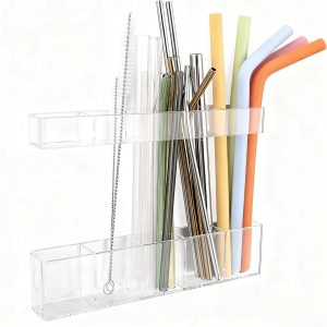Acrylic Straw Holder For Cabinet Door, Clear Organizer & Dispenser With Rounded Edges, Adhesive Mount For Kitchen Accessories Storage