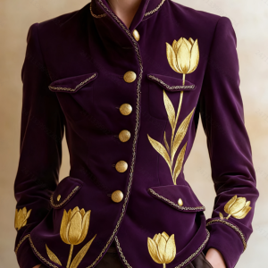 Casual Stand-up Collar Floral Print Slim-fit Long-sleeved Velvet Short Jacket