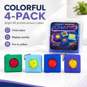 4PCS Textured Fidget Cube Set, 3D Printed Squeeze & Twist Desk Accessories With Portable Storage Box And Keychain Chains
