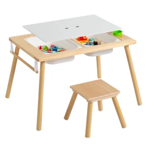 Children’s Sensory Table with Stool, Kids Activity Table with 2 Storage Bins & 2 Pen Holders & Paper Roll, Multifunction Toddler Table for Play Study Dining Reading Arts Crafts, Wood