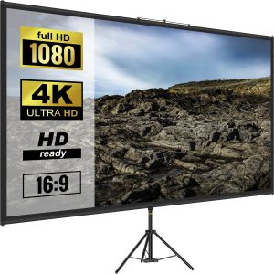 Tripod Projector Screen With Stand 110inch 16:9 4K HD Projection Screen Stand Wrinkle-Free Height Adjustable Portable Screen For Projector Indoor & Outdoor For Movie, Home Cinema, Gaming, Office