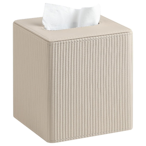 PU Leather Square Tissue Box Cover, Beige Cube Tissue Holder And Napkin Dispenser For Home, Office, Bathroom And Car