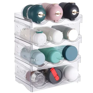 4 Tier Bottle Storage Holder 12 Bottles Transparent Stackable Bottle Organizer Standing Drink Holder Shelf For Kitchen Fridge Cabinet Pantry