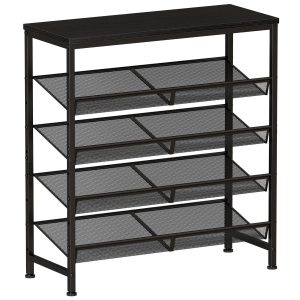 5 Tier Wood Top Shoe Rack, Industrial Storage For Entryway, Small Space Shoe Organizer