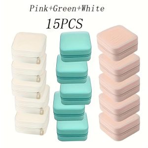 15 Piece Set High Quality Mini Portable PU Leather Travel Jewelry Box  Large Capacity For Rings, Earrings, Pendants, Watches, Necklaces, And Lipstick Fresh 3-Color Jewelry Organizer