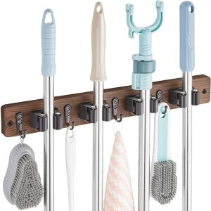 Wall-Mounted Mop And Broom Holder, Wooden Garden Tool Rack Organizer With 4 Slots And 4 Hooks