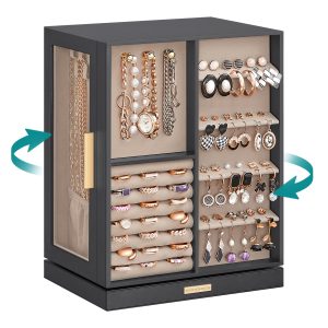 SONGMICS Jewelry Box Organizer, 360° Rotating, 5 Drawers, Gray And Beige