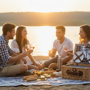 Wicker Picnic Basket Set For Four Gingham Liner, Willow Hamper