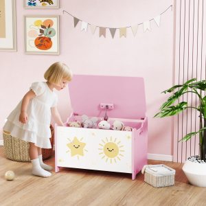 Toy Box with Lid, Safety Hinges and Groove Handles, Toy Storage Organizer for Kids, Living Room, Playroom, Pink